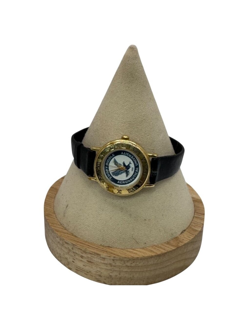 Embry-Riddle Aeronautical University Gold-Tone Watch Black Leather Band RARE